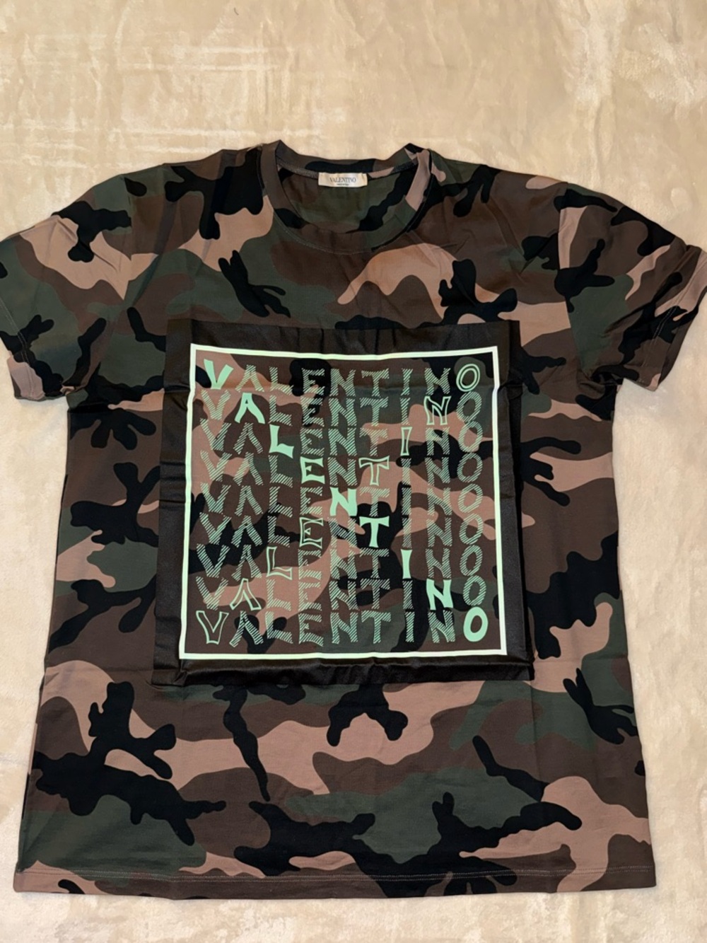 Valentino Camo Logo Tee in Green, Black & Brown